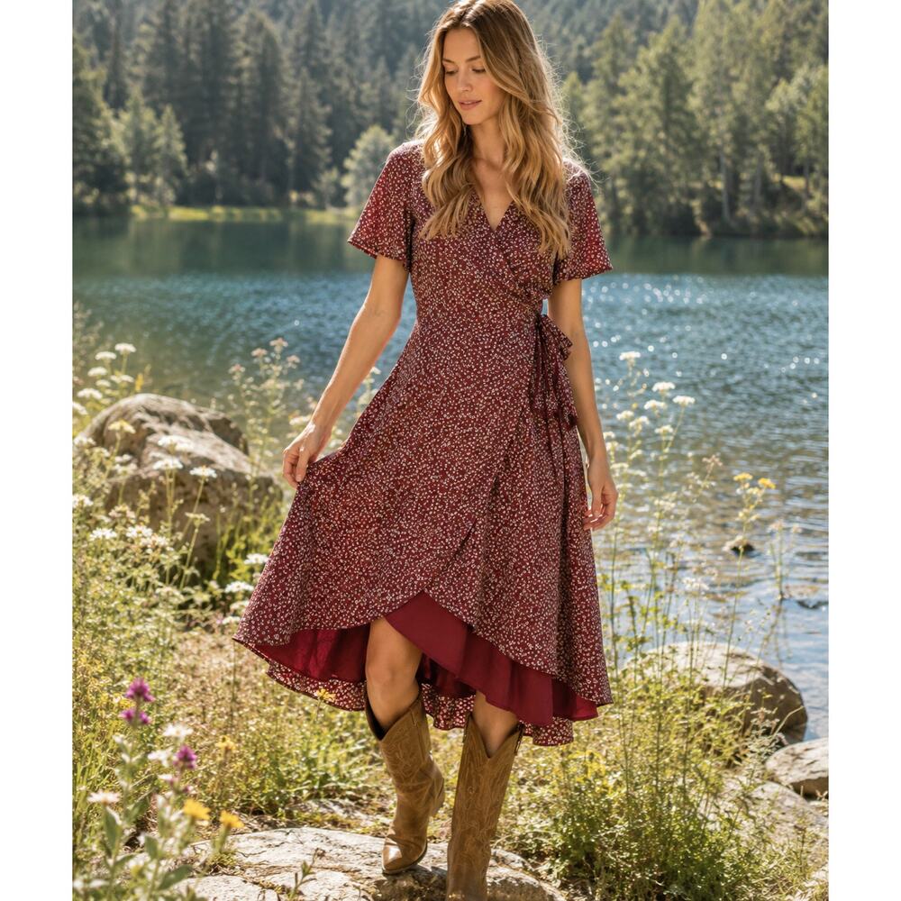 Mia Joy Floral Wrap Dress Cottagecore Boho Prairie Midi Burgundy S